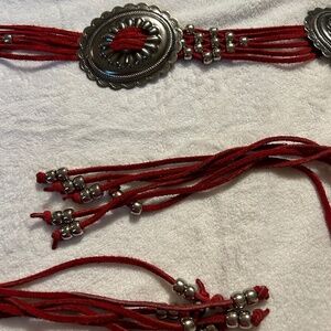 Southwestern Red Leather Concho Belt with Beads Tassell Tie Waist